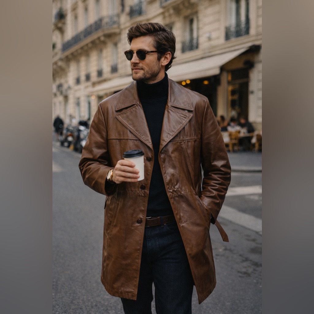 Vintage 70s Leather Trench Coat Size 40r Rust Brown Belted Grais New Generation